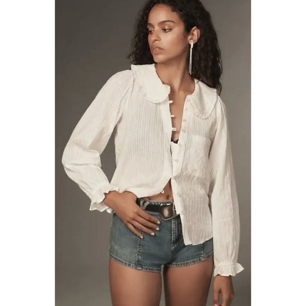 Pilcro Anthropologie White Ruffle Collar Button Blouse Womens Small Cotton EUC